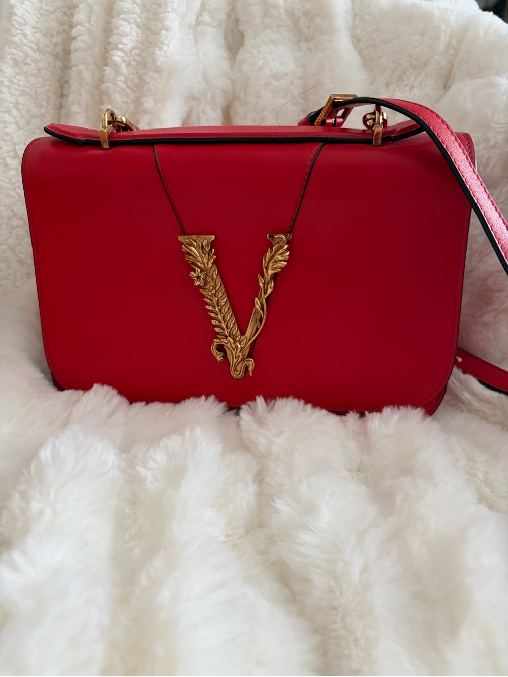 Versace Red Leather Crossbody with Gold V Emblem